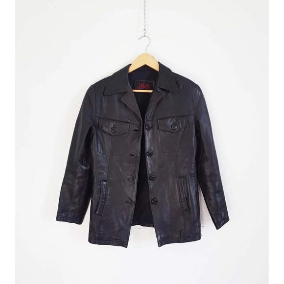 90s Vintage Oscar Leopold Minimalist Black Leather Blazer, Y2K Leather Blazer - Picture 1 of 9